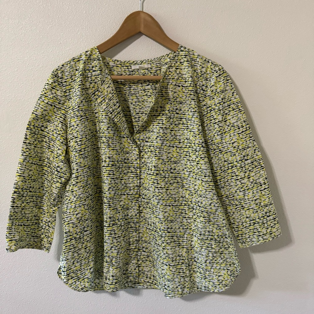 COS Abstract Print Hidden Button Front 3/4 Sleeve Blouse Yellow Green Cotton-10
